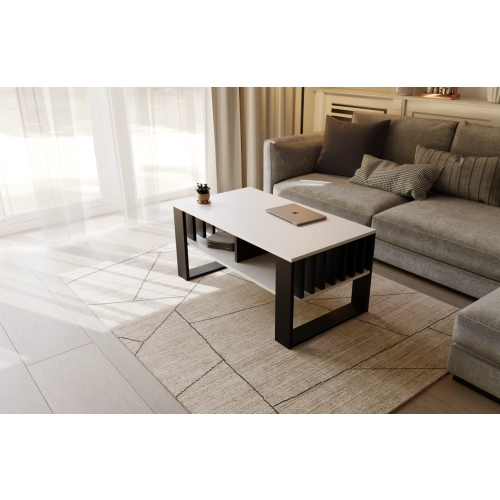 Stolik kawowy ST14 BIA z lamelami Ława Biały/Czarny z półką loft